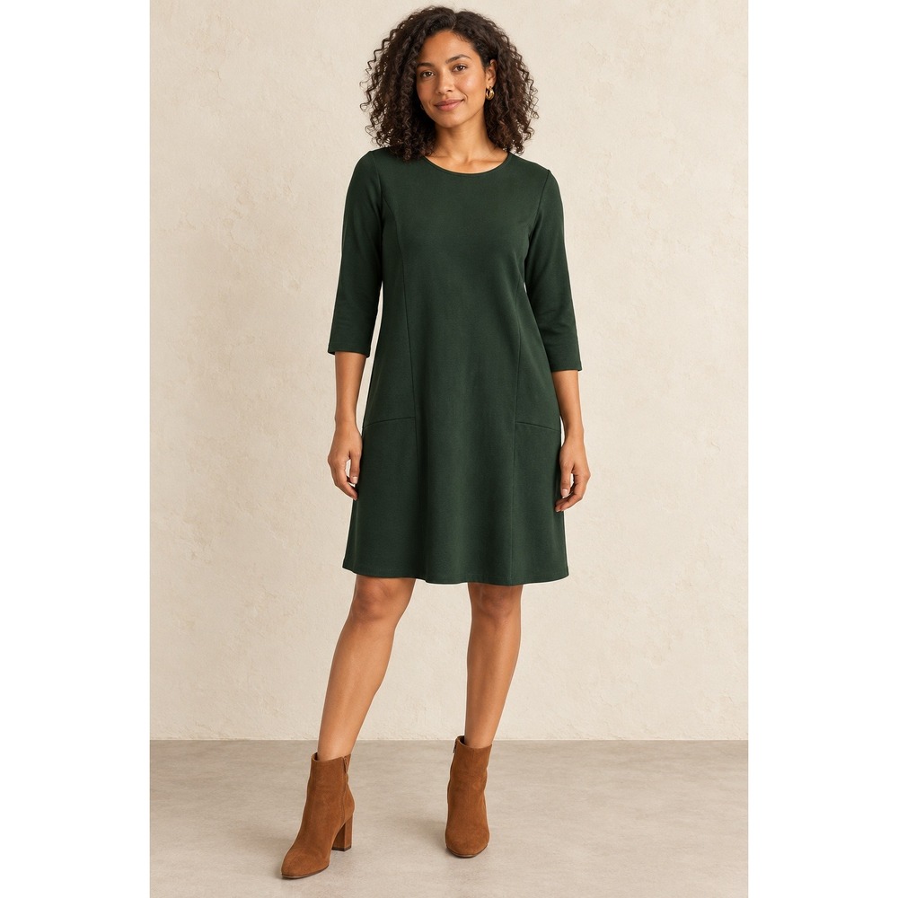 J. Jill Women Green Ponte Knit 3/4 Sleeve Pocket Shift Dress Size S